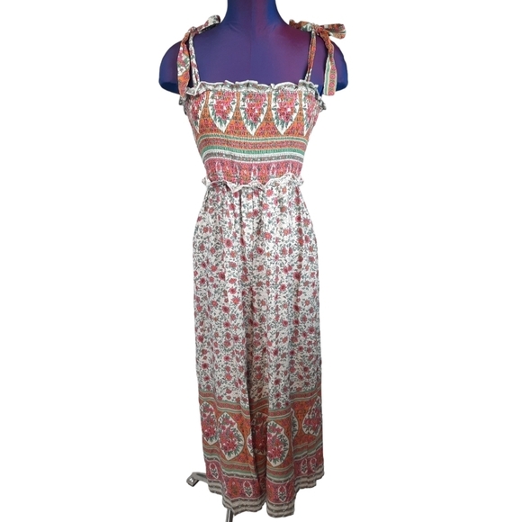 Lulu's Perfect Moments Cream Print Smocked Tie-Strap Culotte Jumpsuit Size Small - Picture 12 of 12